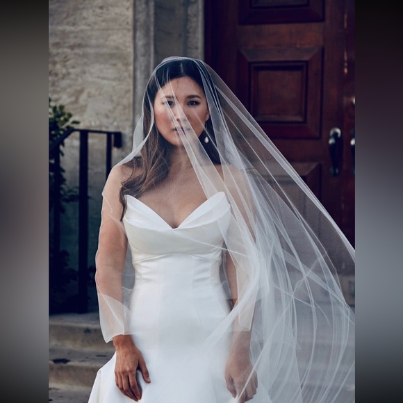 Brand New Sheer Cathedral Drop Bridal Veil with Waist length blusher - Picture 1 of 3